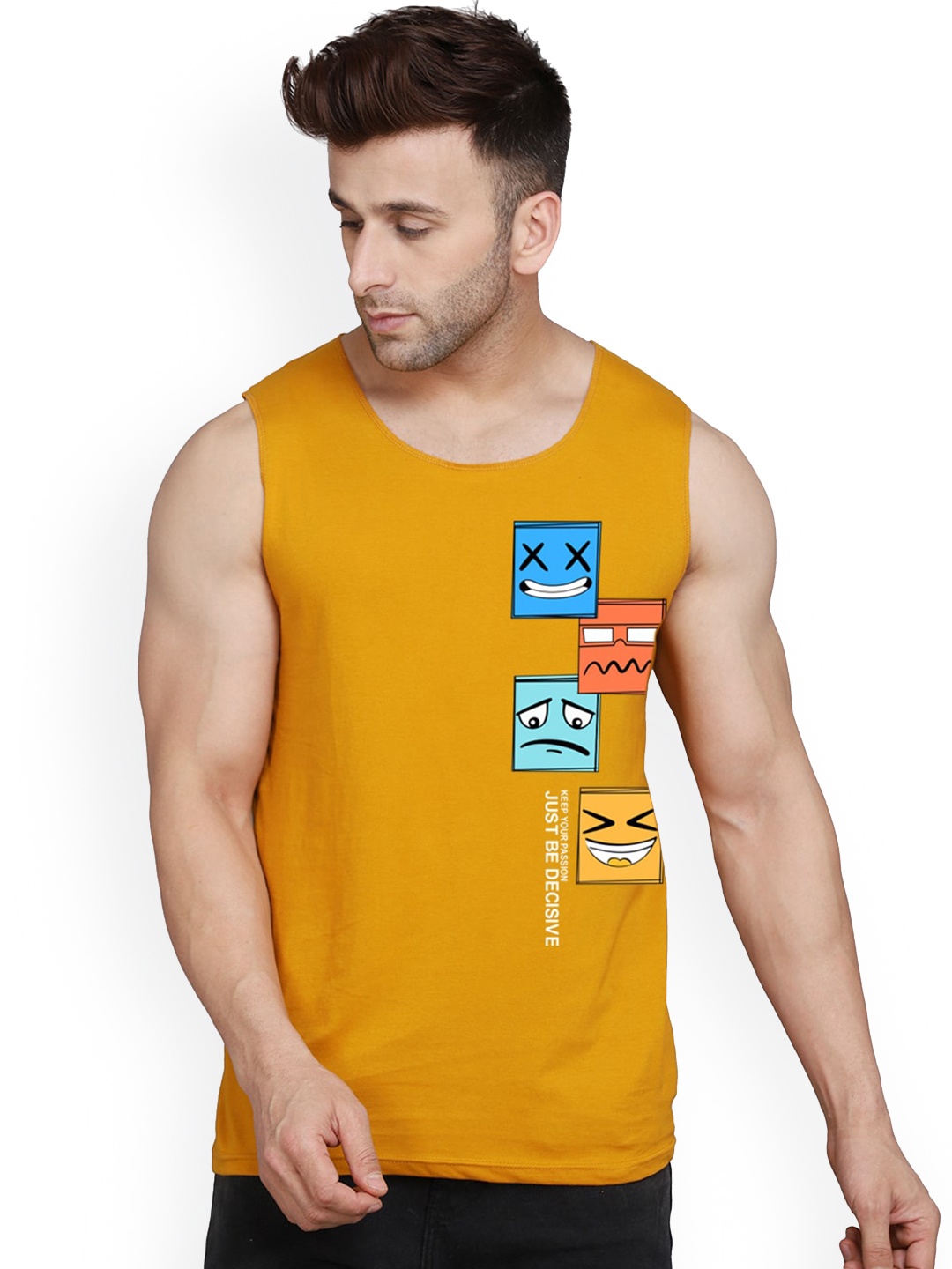 

SLOWLORIS Printed Antimicrobial Bio-Wash Super Combed Cotton Gym Vest, Mustard