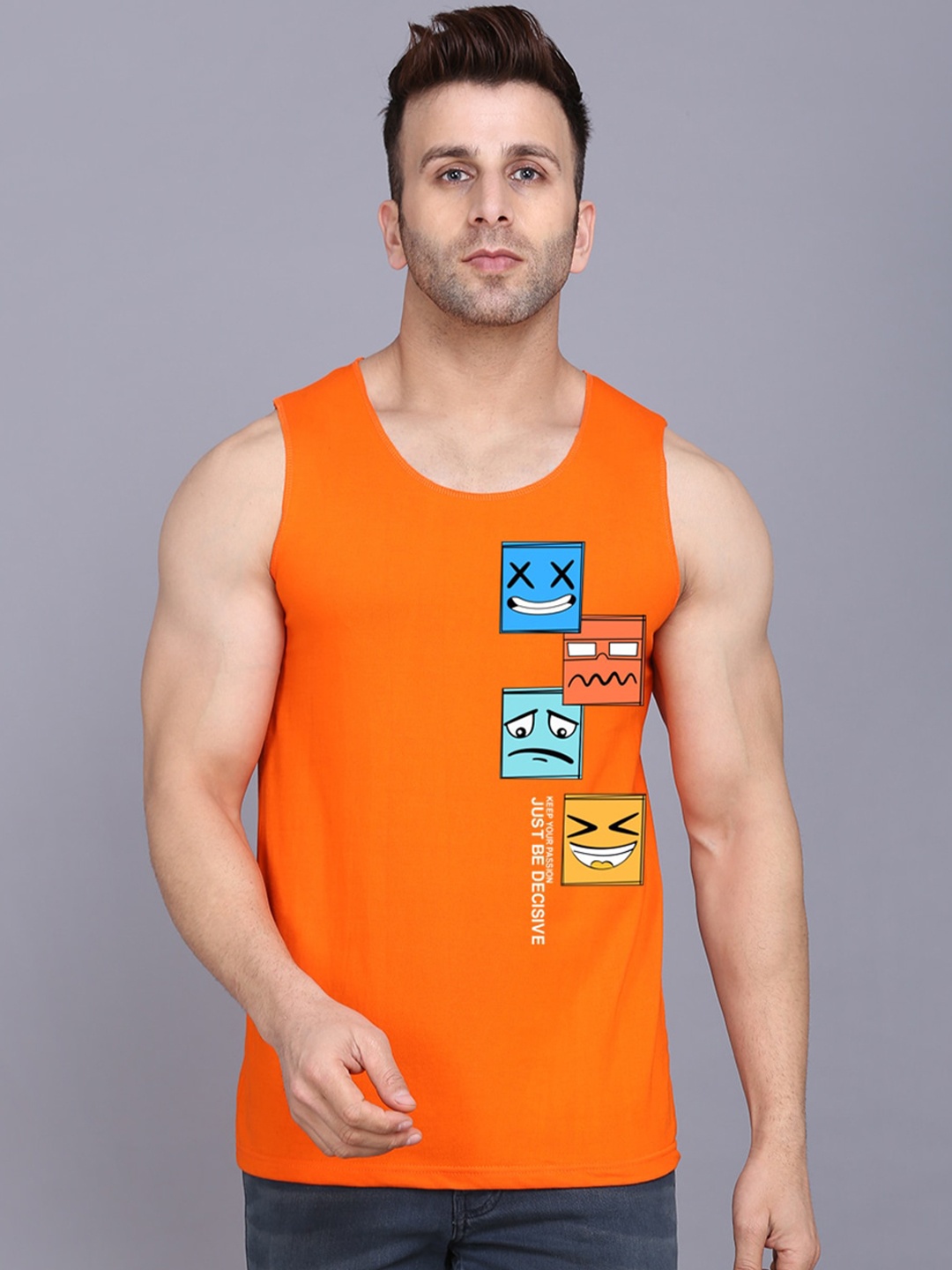 

SLOWLORIS Printed Antimicrobial Bio Wash Cotton Gym Vest, Orange