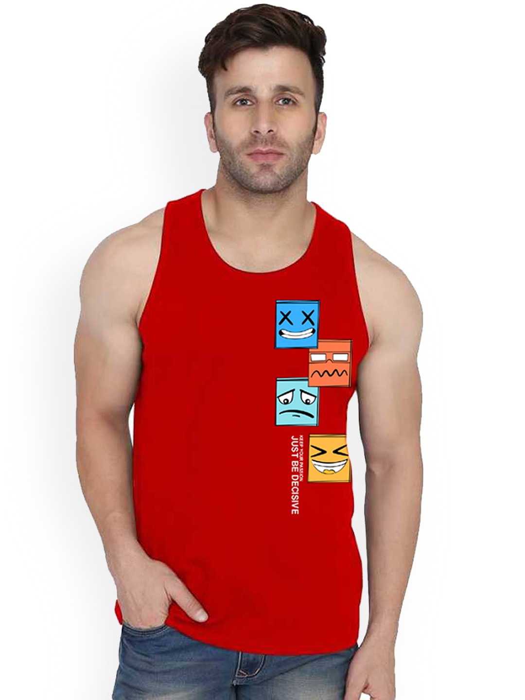 

SLOWLORIS Printed Antimicrobial Bio-Wash Super Combed Cotton Gym Vest, Red