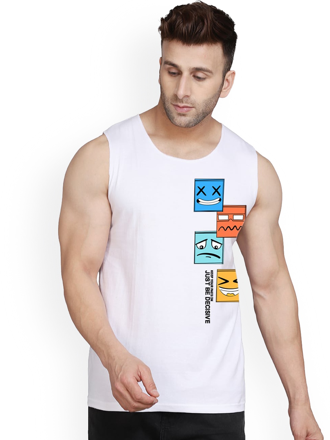 

SLOWLORIS Printed Antimicrobial Super Combed Cotton Gym Vest, White
