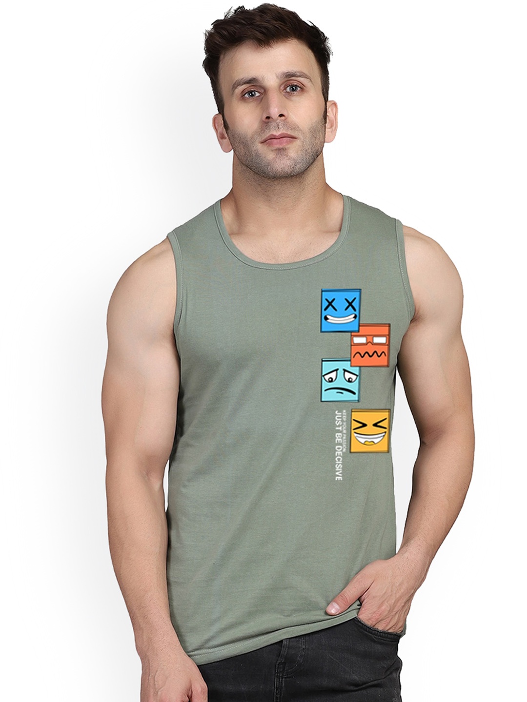 

SLOWLORIS Printed Antimicrobial Super Combed Cotton Gym Vest, Green