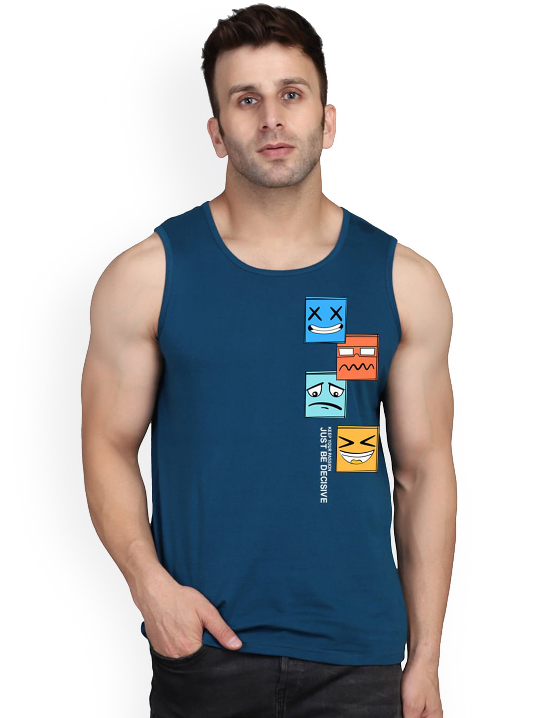 

SLOWLORIS Printed Antimicrobial Bio-Wash Super Combed Cotton Gym Vest, Navy blue