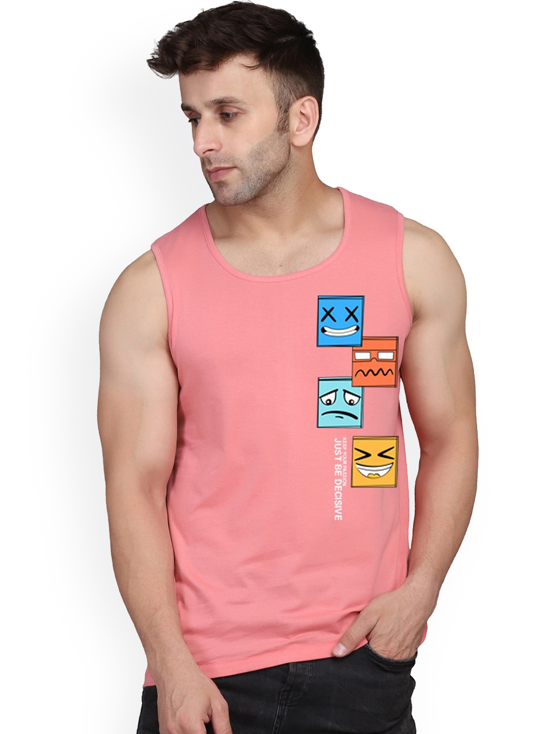 

SLOWLORIS Printed Antimicrobial Bio-Wash Super Combed Cotton Gym Vest, Peach