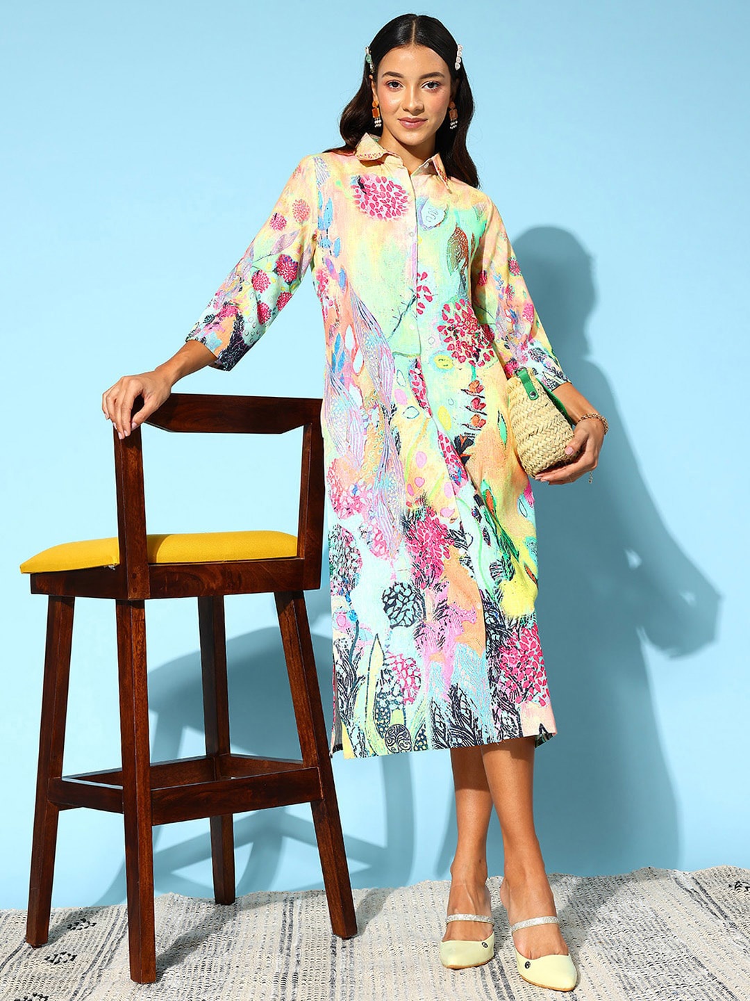 

Runway Dreams Floral Printed Shirt Collar A-Line Cotton Midi Dress, Green