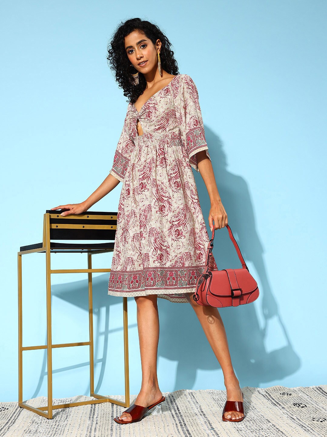 

Runway Dreams V-Neck Ethnic Motifs Print A-Line Dress, Beige