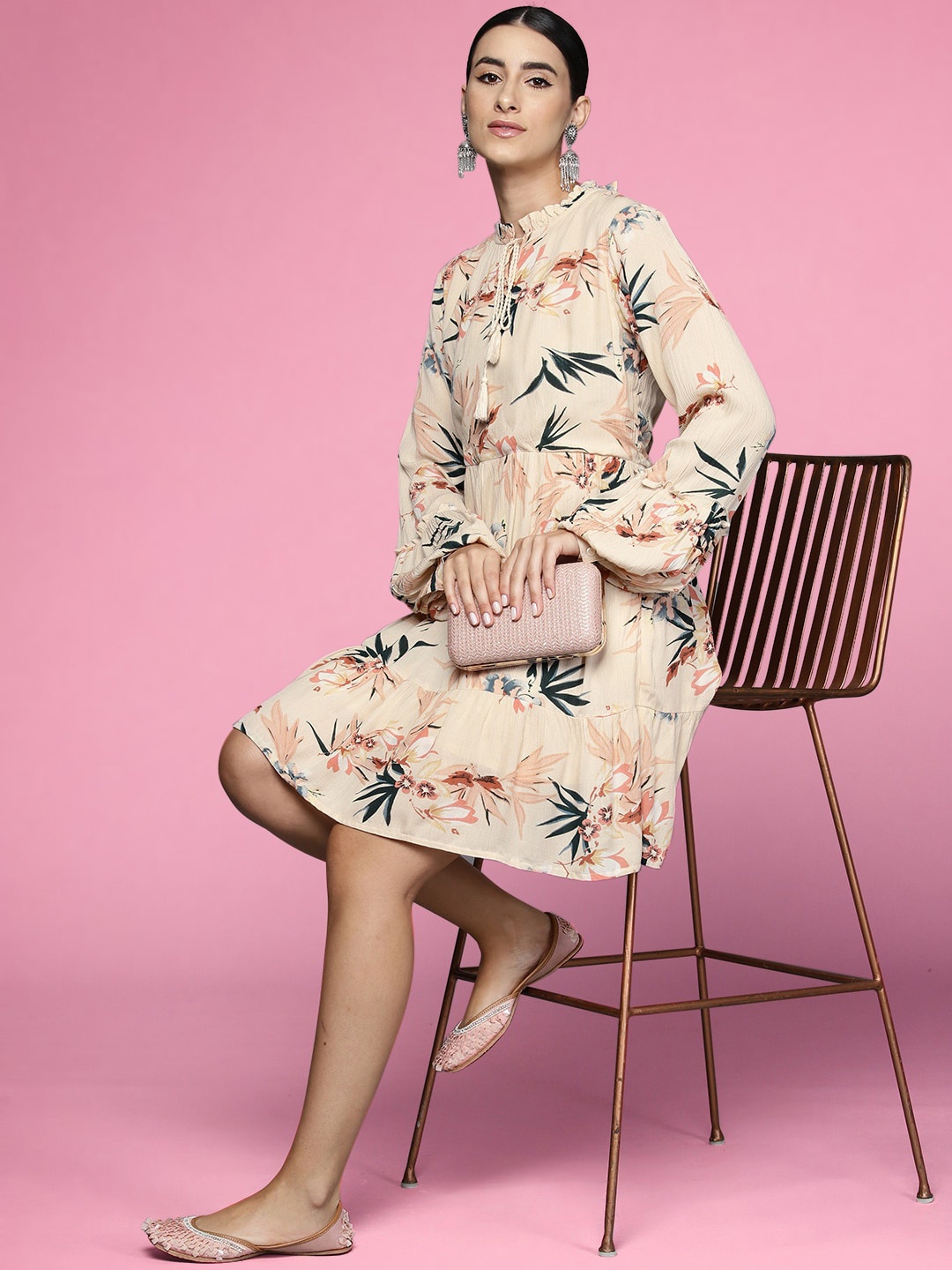 

Runway Dreams Floral Print Tie-up Neck Bell Sleeve Layered A-Line Cotton Dress, Off white