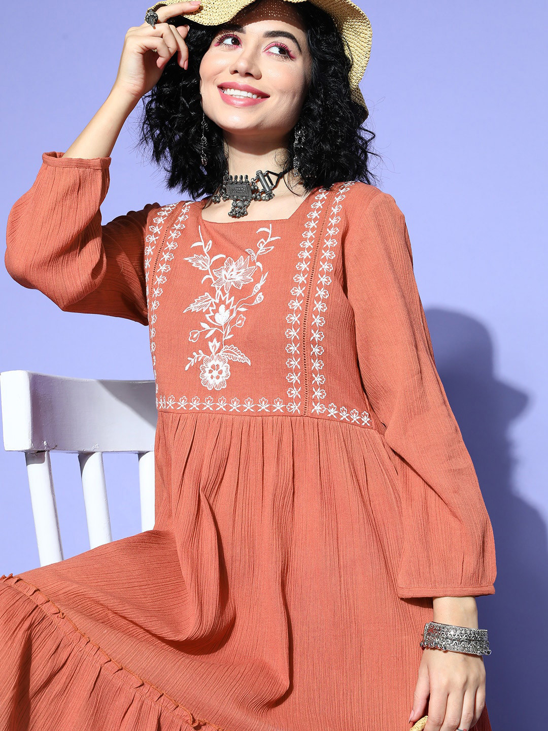 

Runway Dreams Floral Embroidered A-Line Cotton Dress, Rust