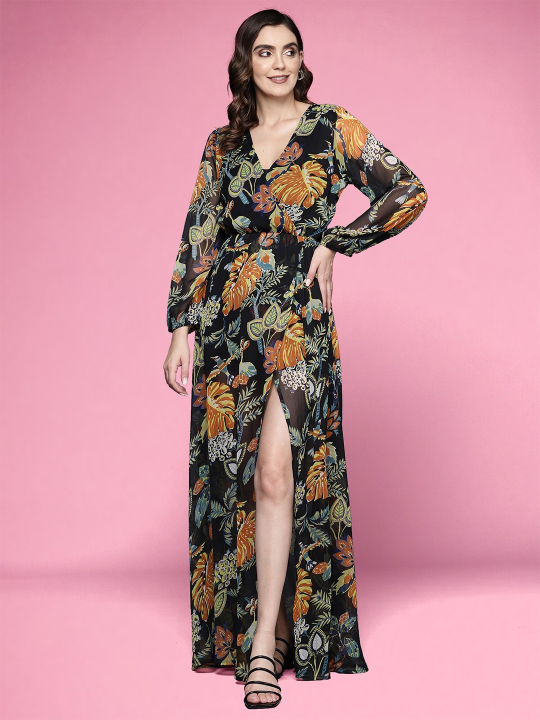 Runway Dreams Floral Printed Georgette Cuffed Sleeves Maxi Dress, Black