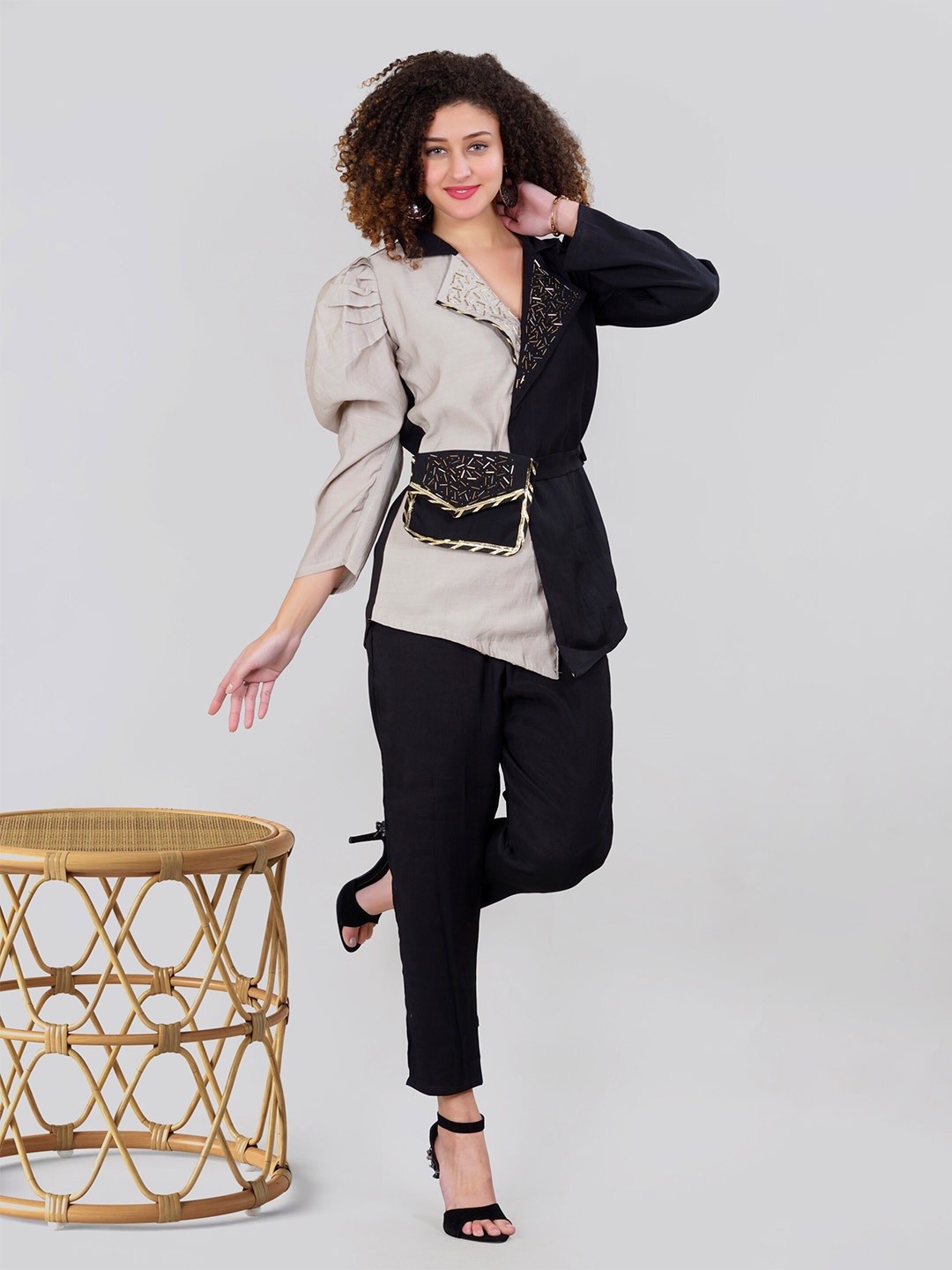 

MEHNAM Colourblocked Puff Sleeves Organic Cotton Tops With Trousers, Black