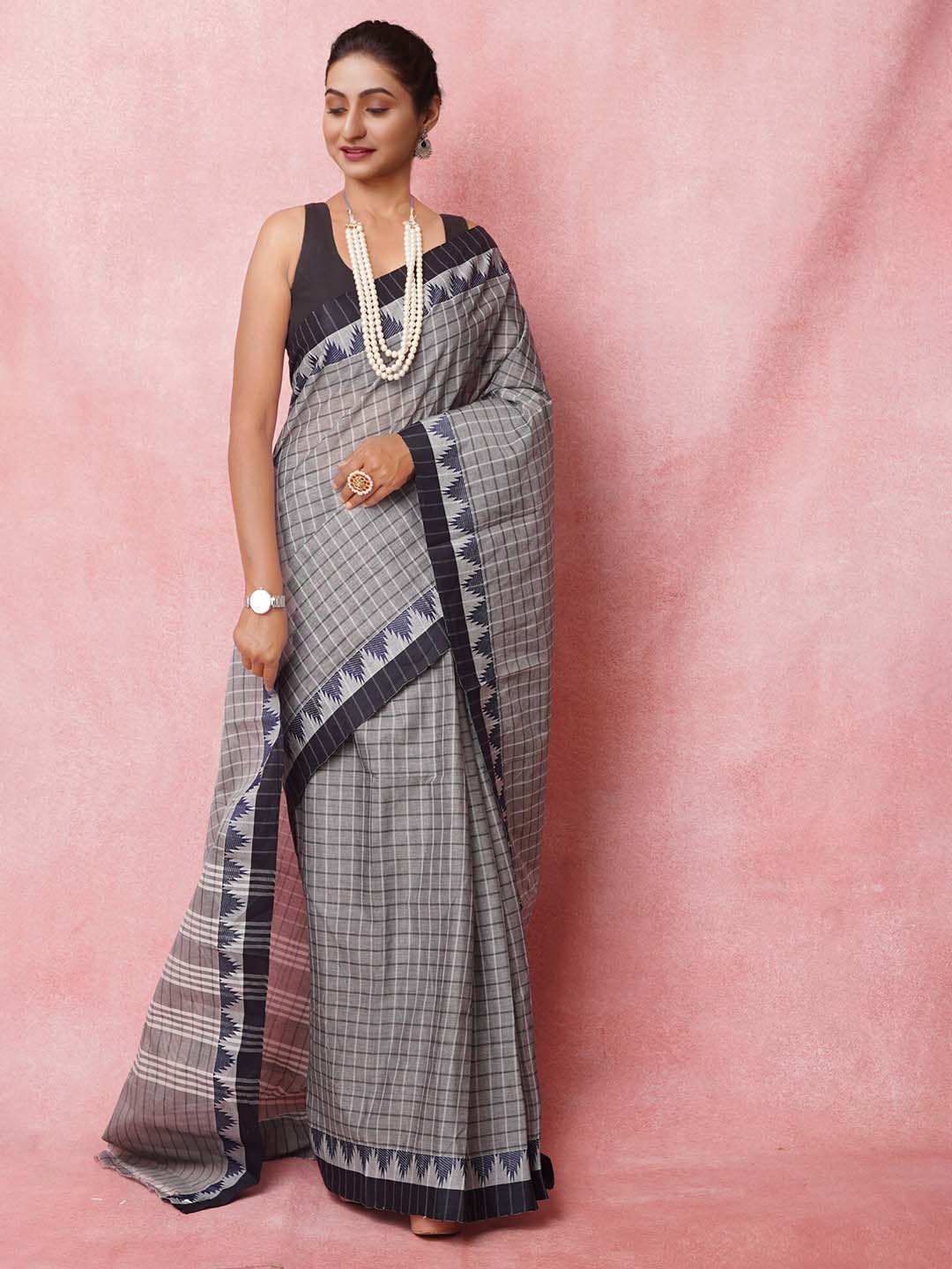 

Unnati Silks Checked Art Silk Chettinad Saree, Grey