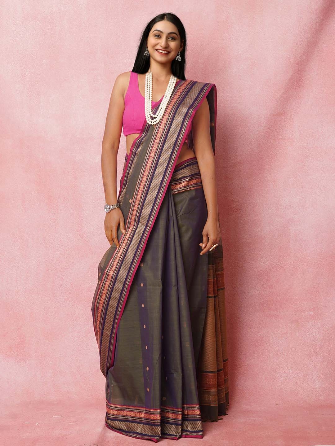 

Unnati Silks Woven Design Pure Cotton Handloom Chettinad Saree, Grey