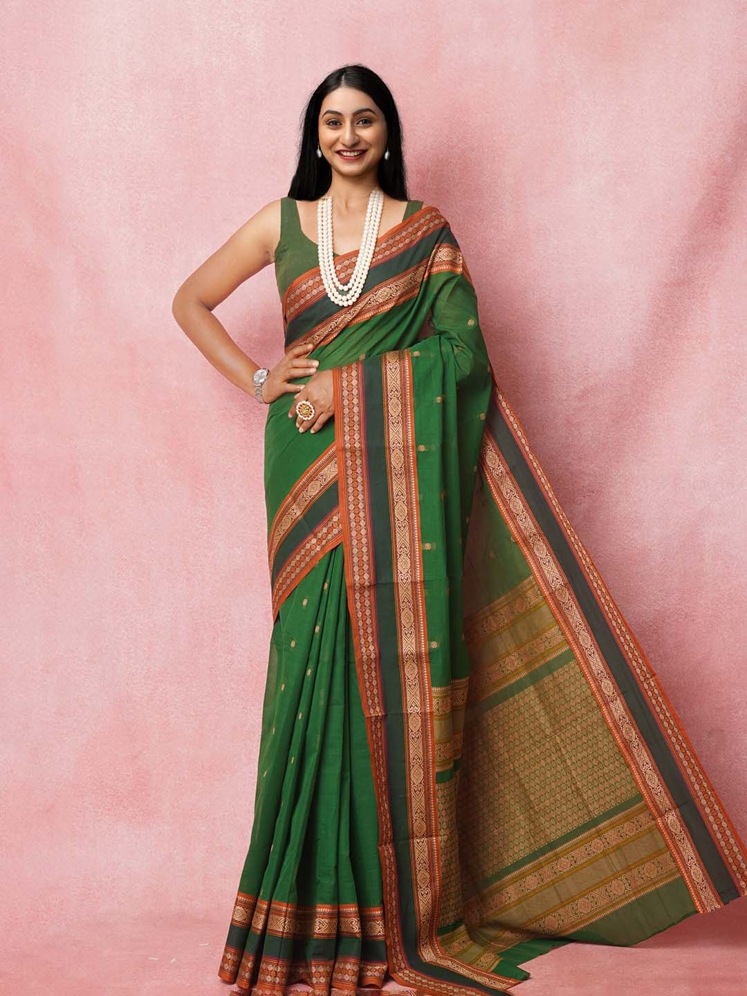 

Unnati Silks Woven Design Pure Cotton Handloom Chettinad Saree, Green