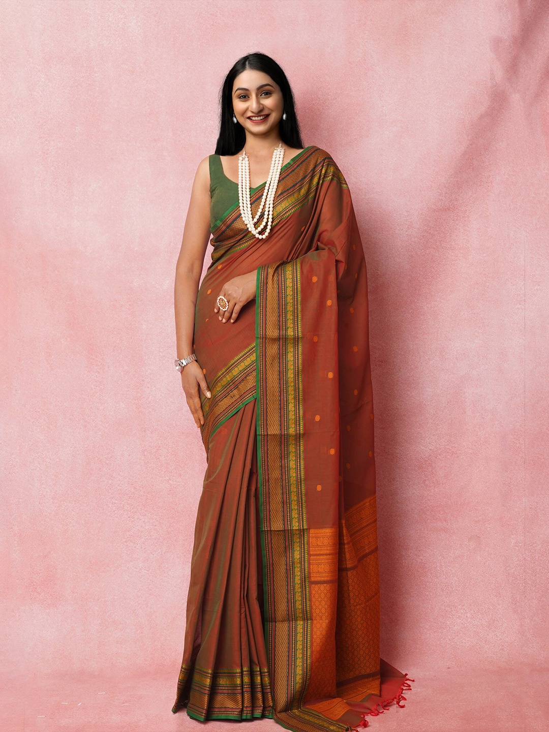 

Unnati Silks Woven Design Zari Pure Cotton Handloom Chettinad Saree, Brown