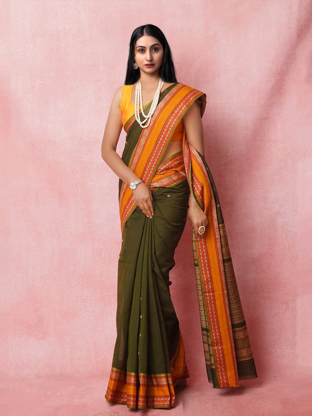 

Unnati Silks Woven Design Zari Pure Cotton Handloom Chettinad Saree, Green