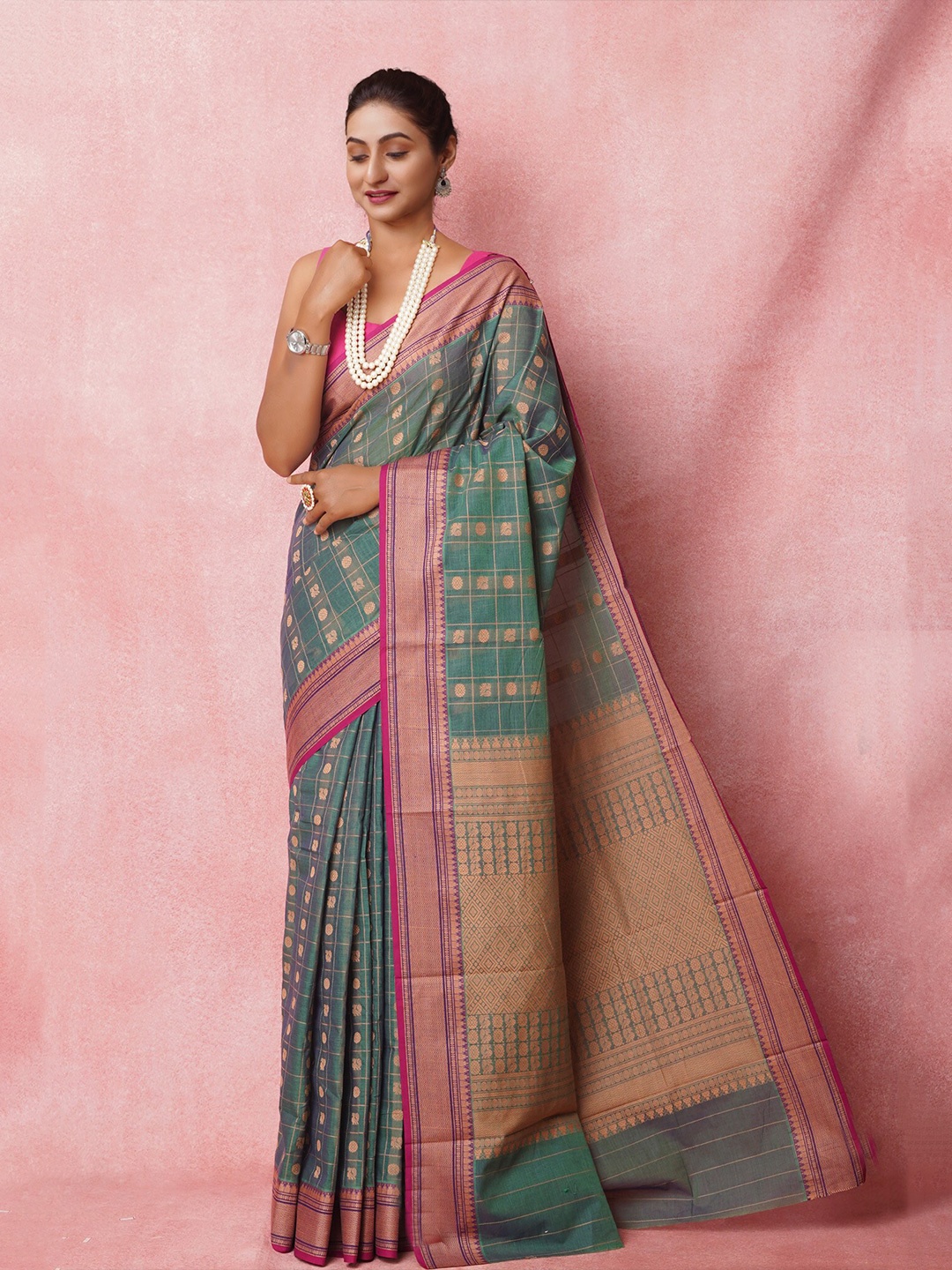 

Unnati Silks Woven Design Pure Cotton Handloom Kanjeevaram Saree, Green