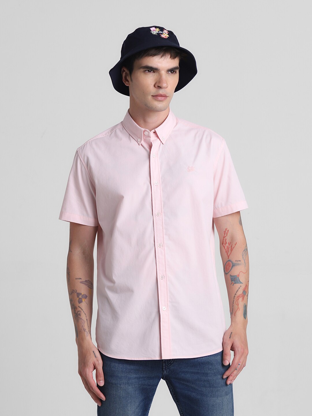 

Jack & Jones Button Down Collar Short Sleeve Pure Cotton Casual Shirt, Pink