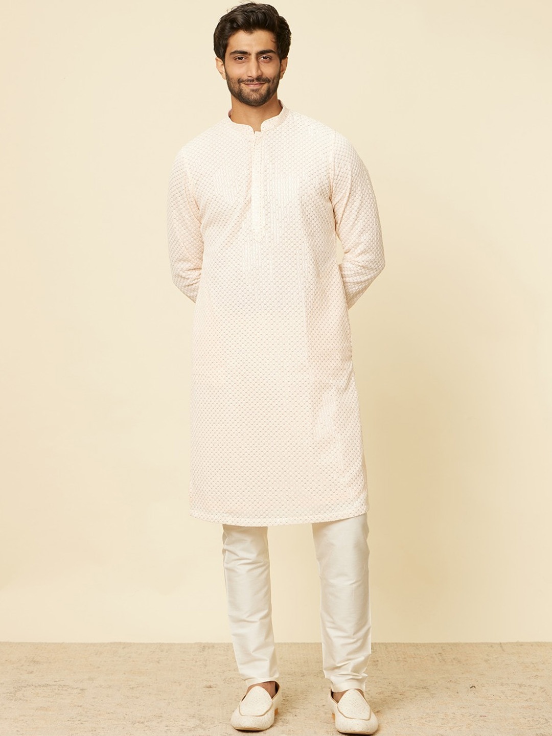 

Manyavar Peach Coloured Embroidered Straight Sequinned Kurta with Pyjamas