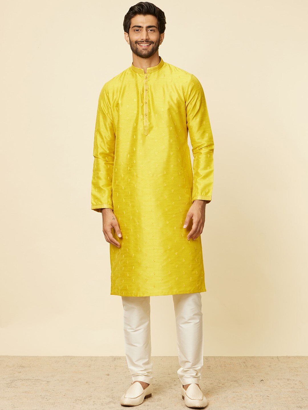 

Manyavar Mustard Mandarin Collar Art Silk Kurta with Pyjama