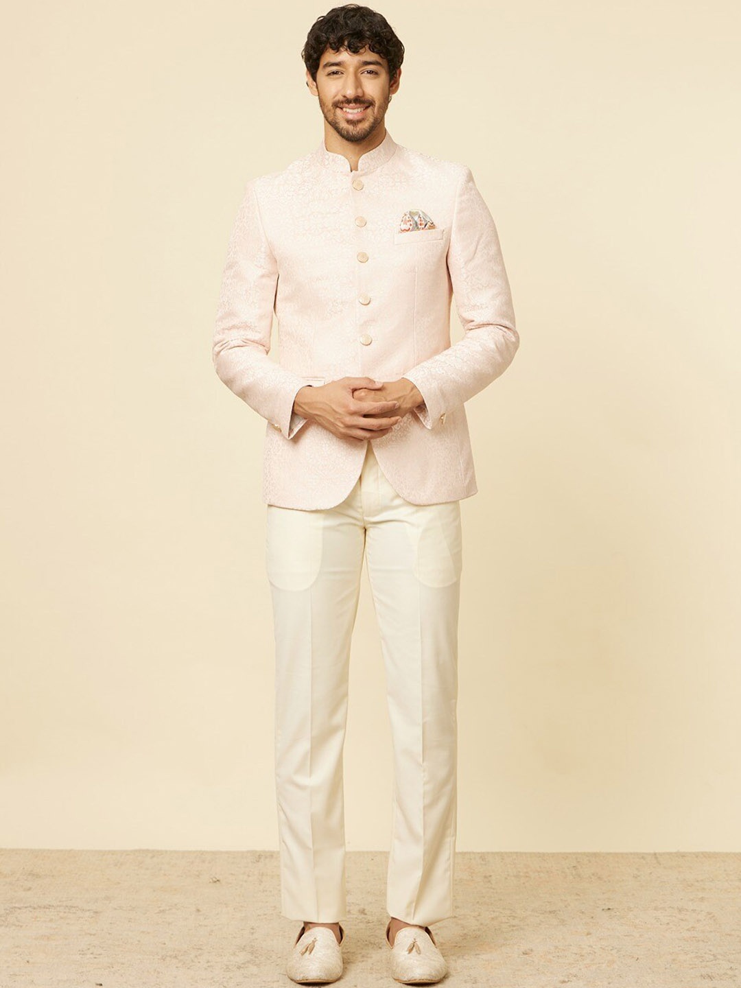 

Manyavar Self Design Brocade Tailored Fit Bandhgala Two Piece Suit, Pink