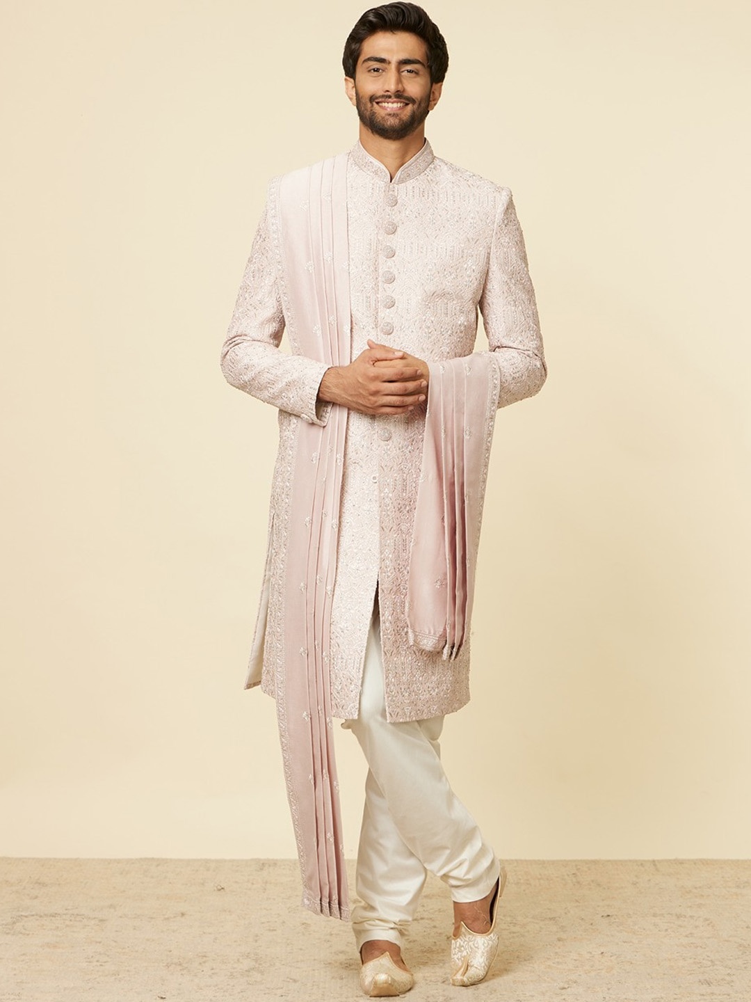 

Manyavar Embellished Embroidered Art Silk Sherwani Set, Pink