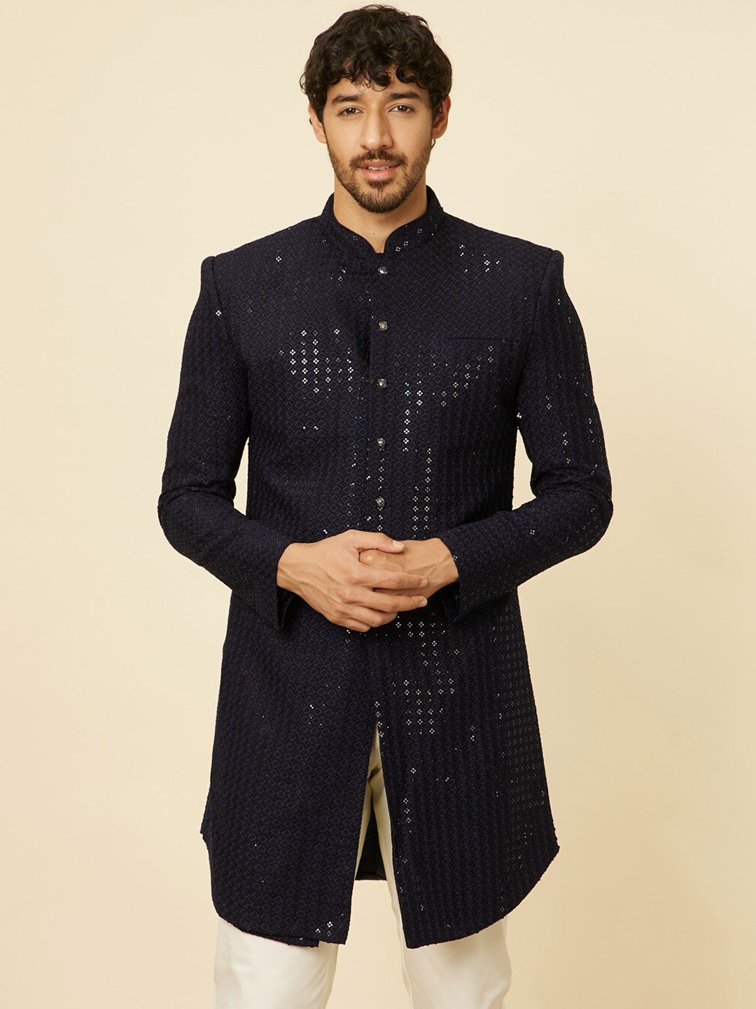 

Manyavar Embroidered Sequined Cotton Sherwani Set, Navy blue