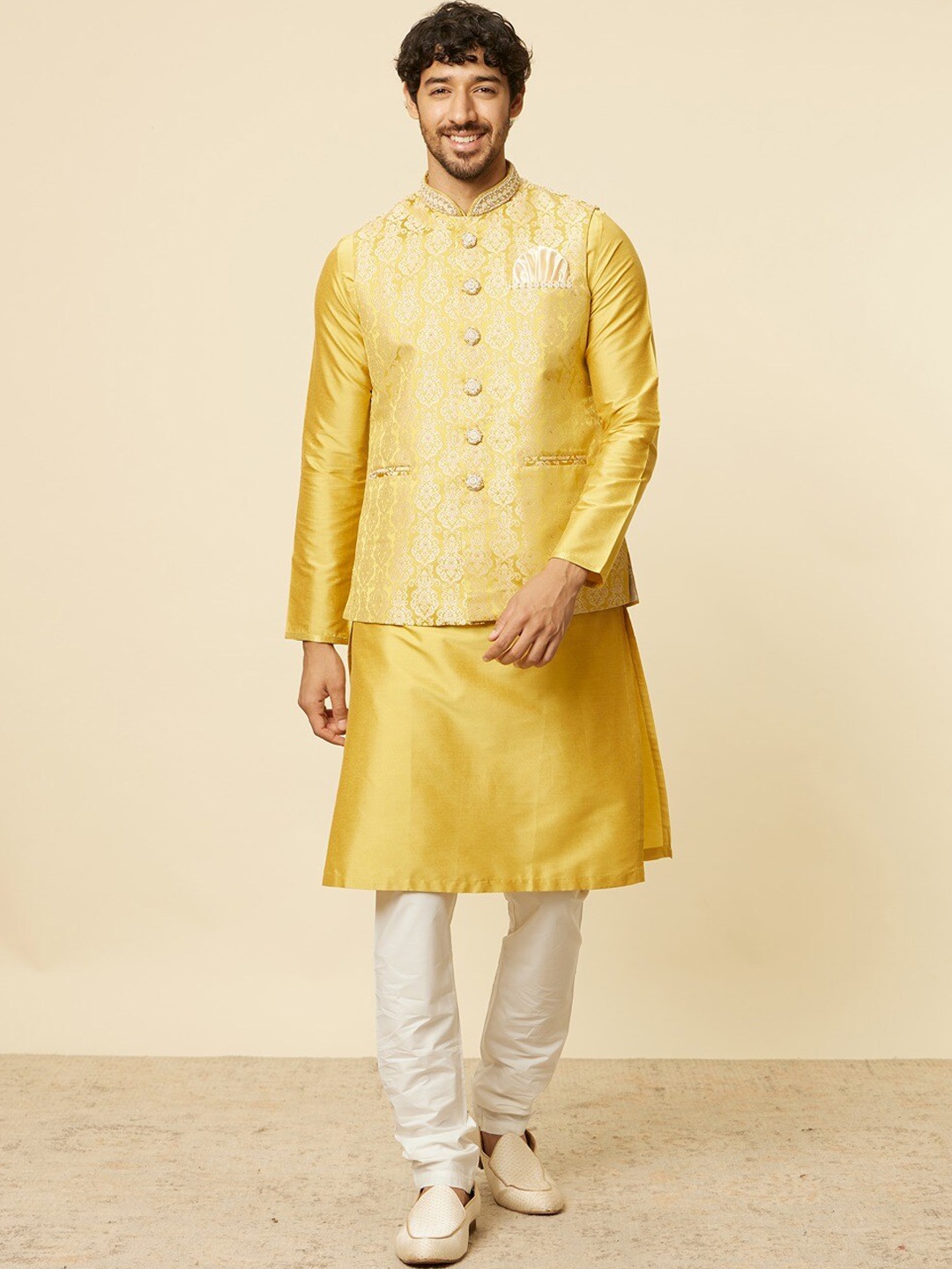 

Manyavar Woven Design Brocade Nehru Jacket, Yellow