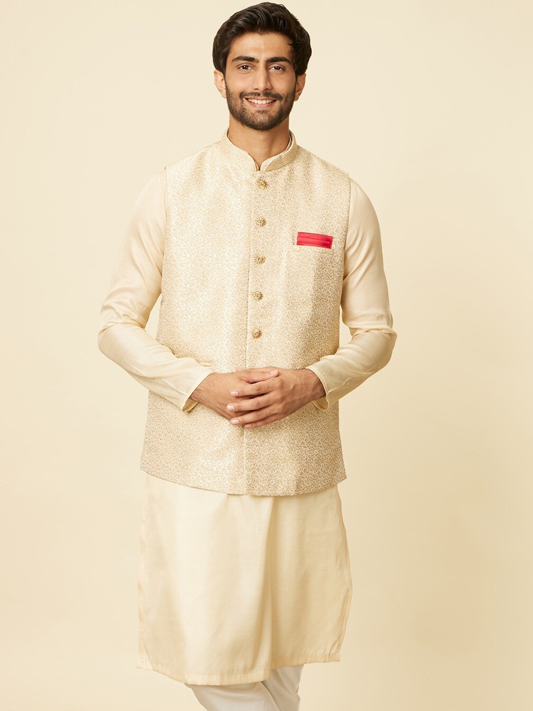 

Manyavar Woven Design Nehru Jacket, Beige