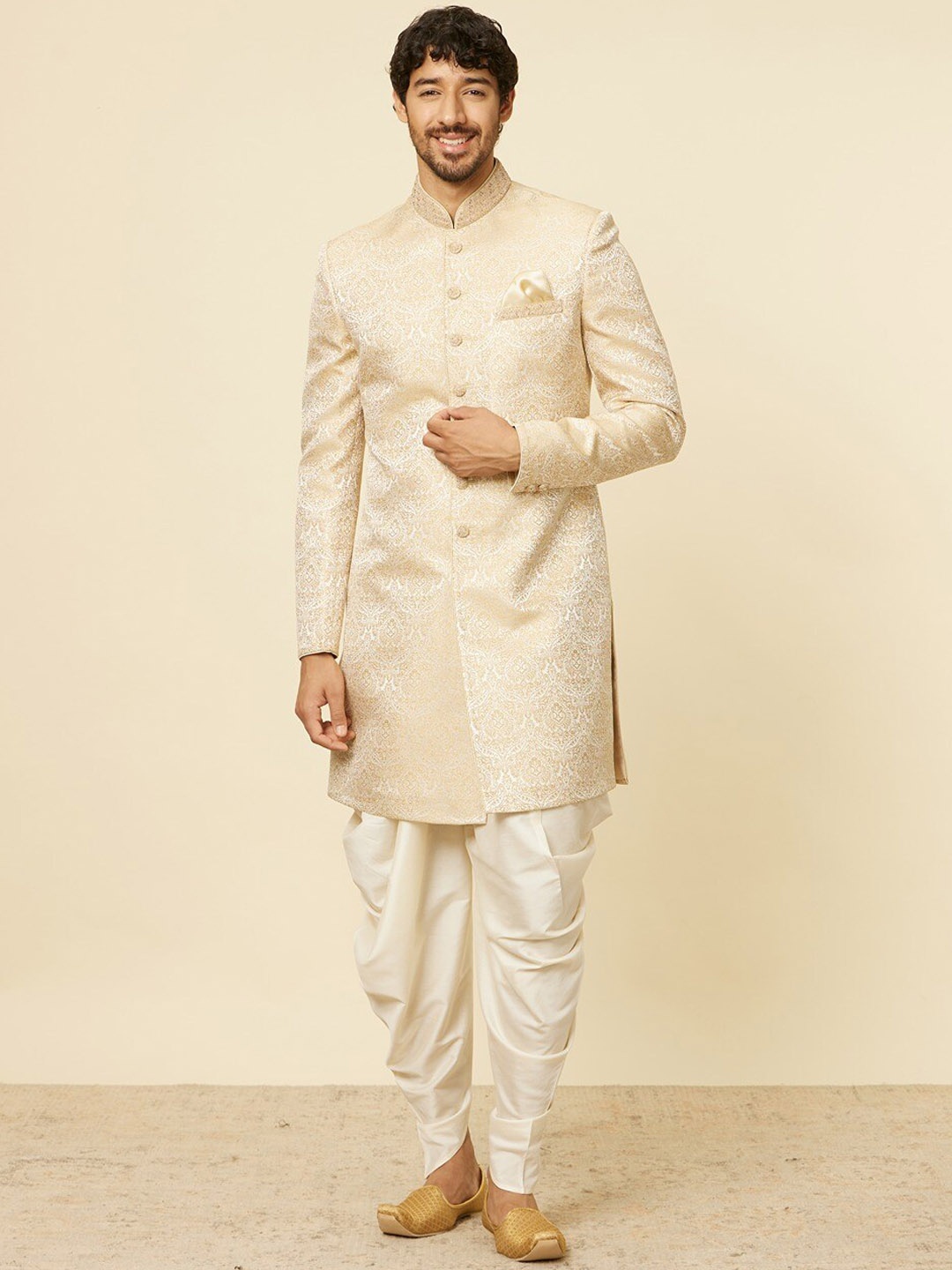 

Manyavar Woven Design Brocade Sherwani Set, Beige