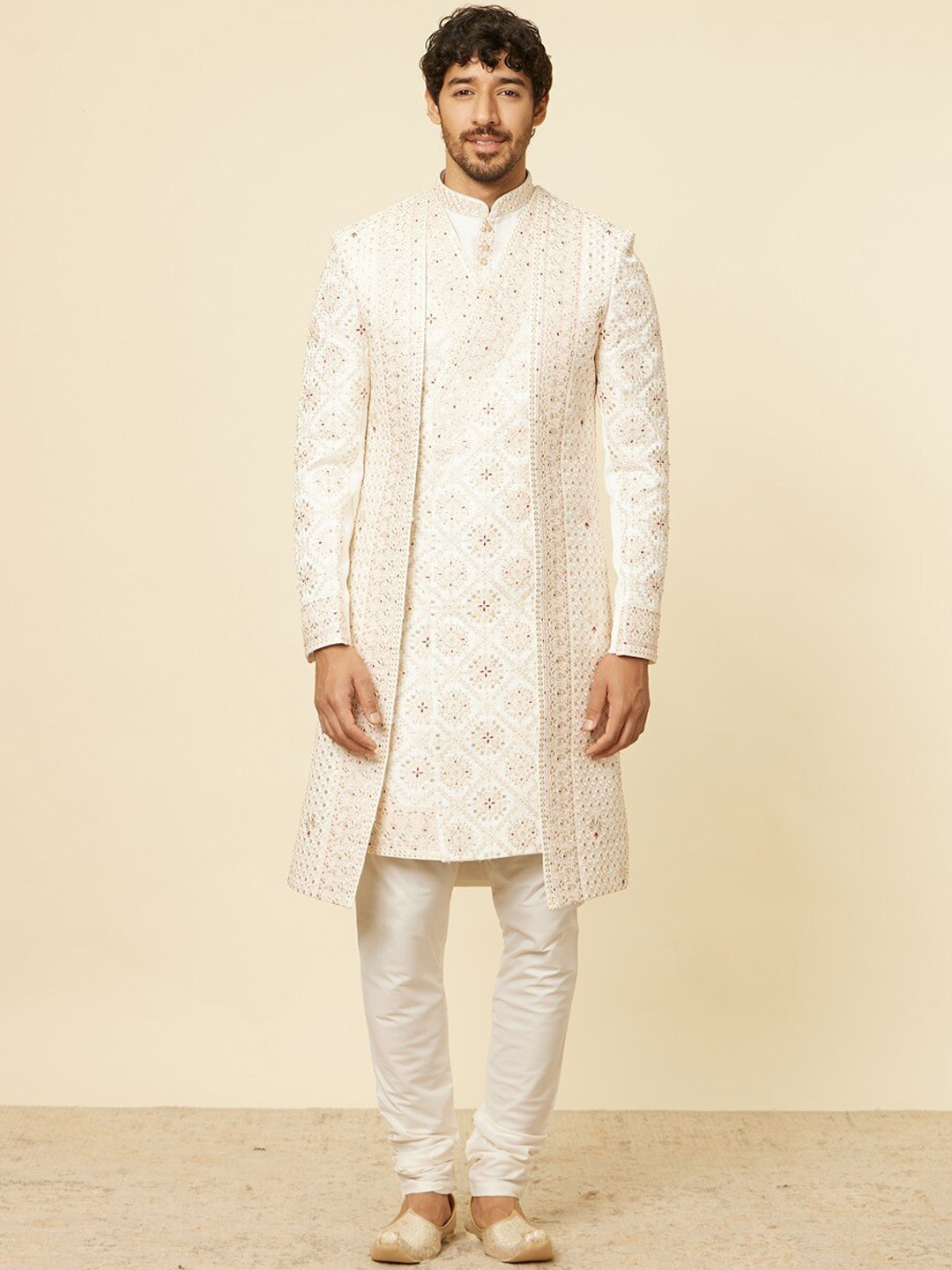 

Manyavar Ethnic Motifs Embroidered Chudidhar & Sherwani With Jacket, Off white