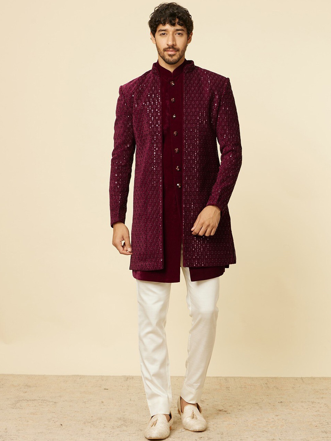 

Manyavar Ethnic Motifs Embroidered Chudidhar & Velvet Sherwani With Jacket, Purple