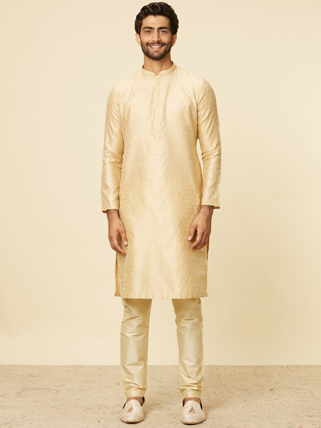 

Manyavar Ethnic Motifs Woven Design Mandarin Collar Straight Kurta with Pyjamas, Beige