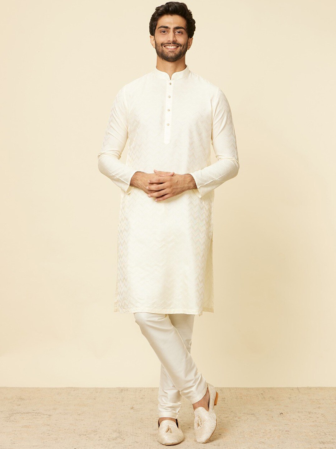 

Manyavar Chevron Embroidered Mandarin Collar Straight Kurta with Pyjamas, Cream