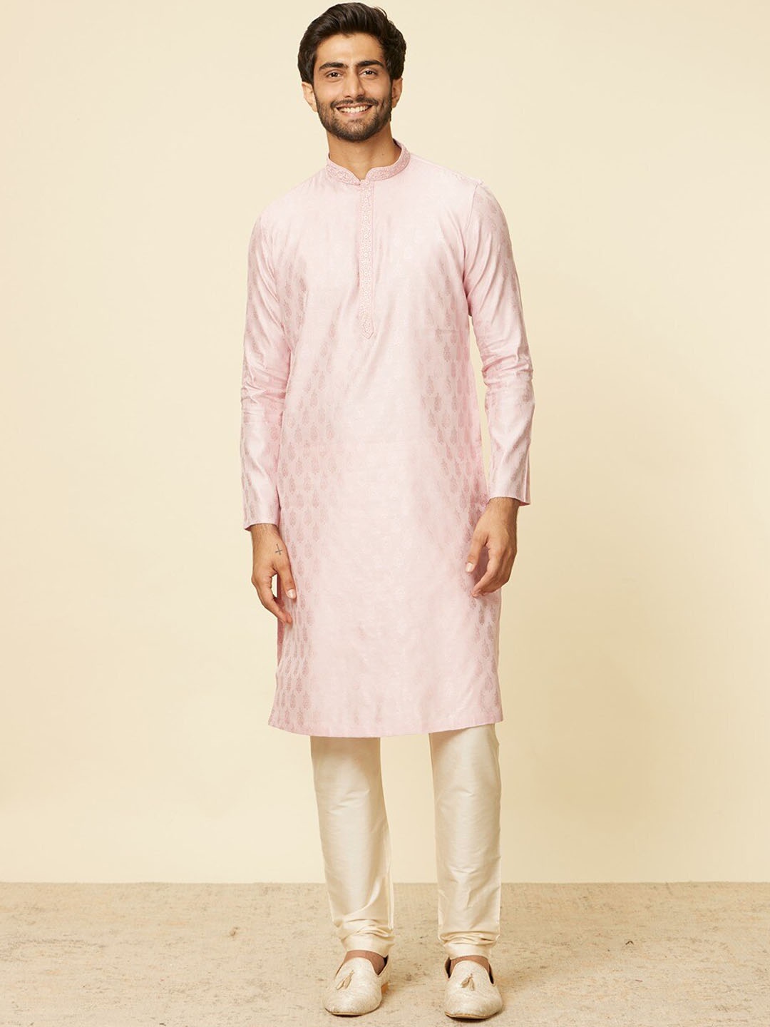 

Manyavar Woven Design Mandarin Collar Thread Work Straight Kurta with Pyjamas, Pink