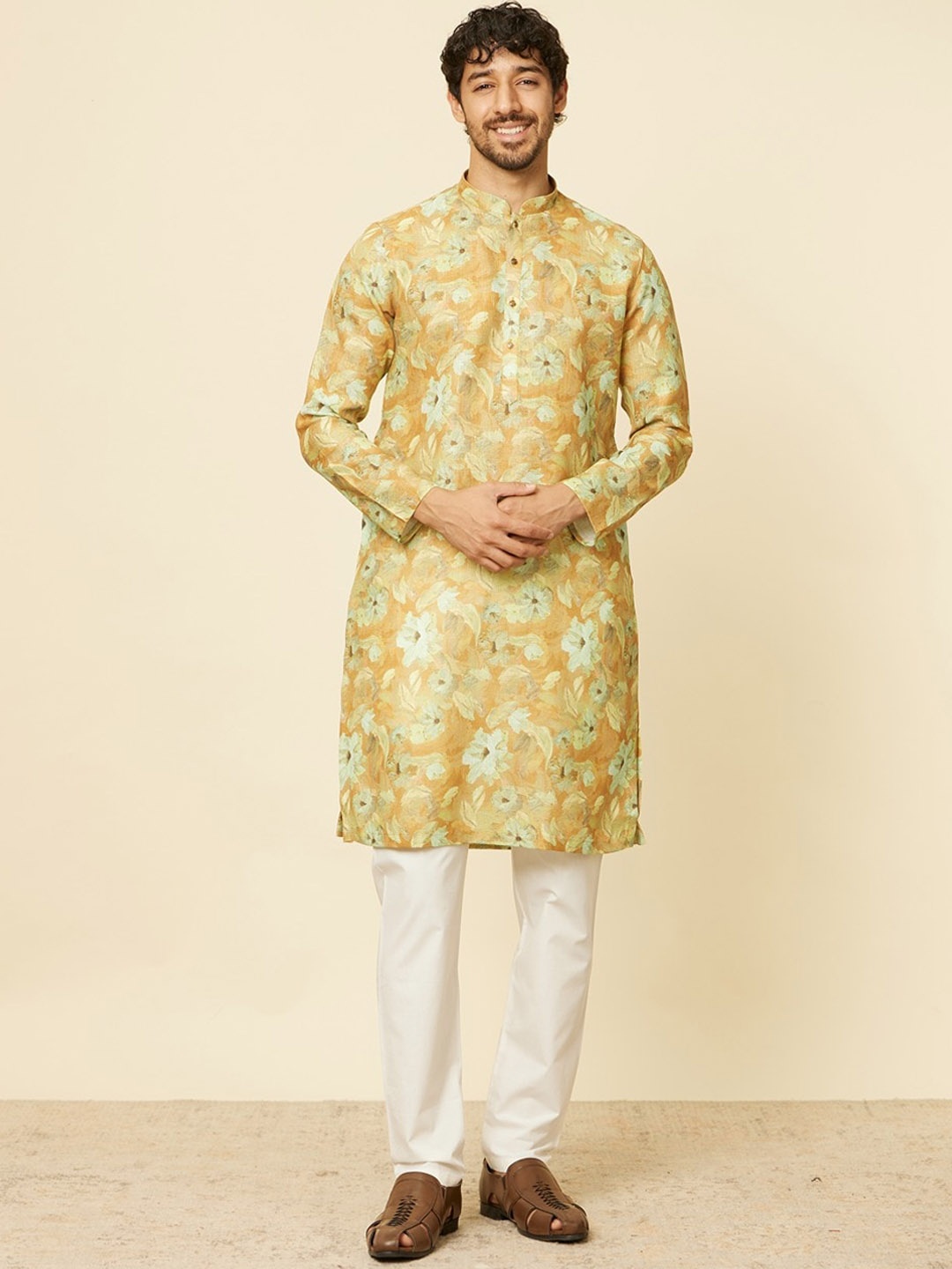 

Manyavar Floral Printed Regular Kurta with Pyjama, Mustard