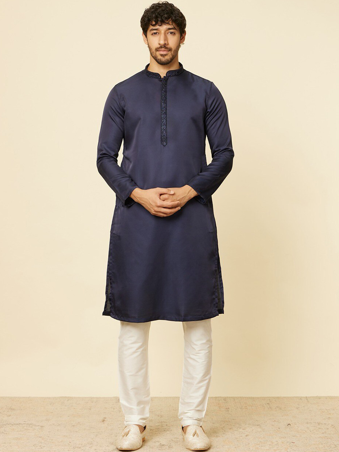 

Manyavar Mandarin Collar Straight Satin Kurta with Pyjamas, Blue