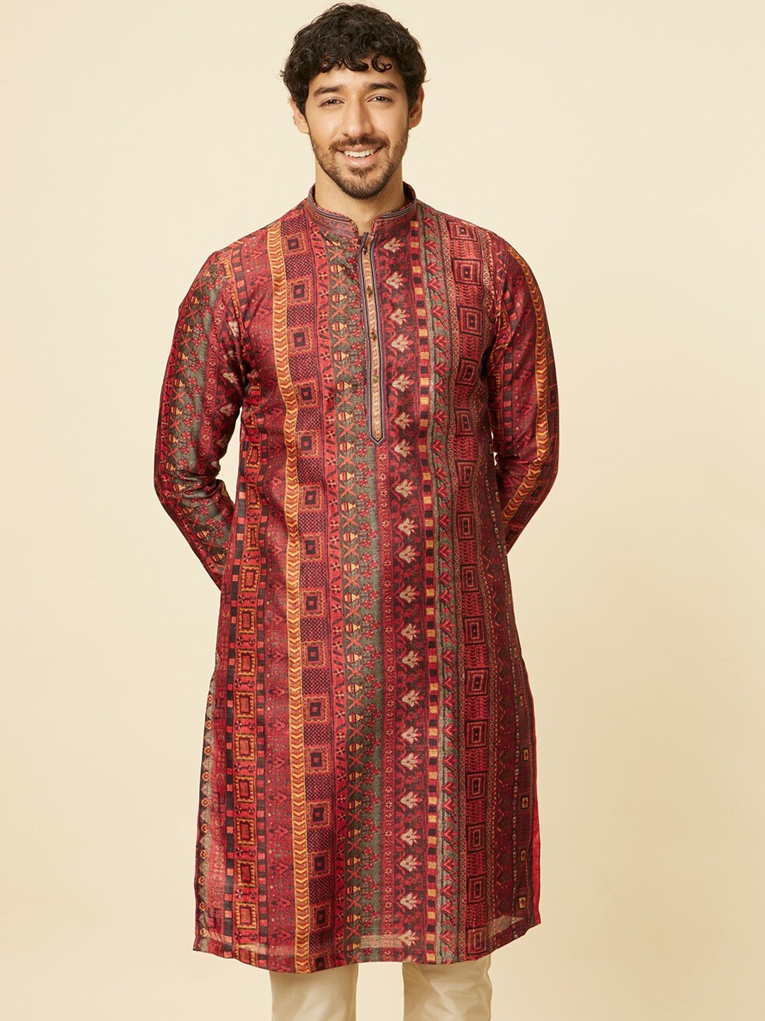 

Manyavar Ethnic Motifs Printed Mandarin Collar Straight Kurta with Pyjamas, Rust
