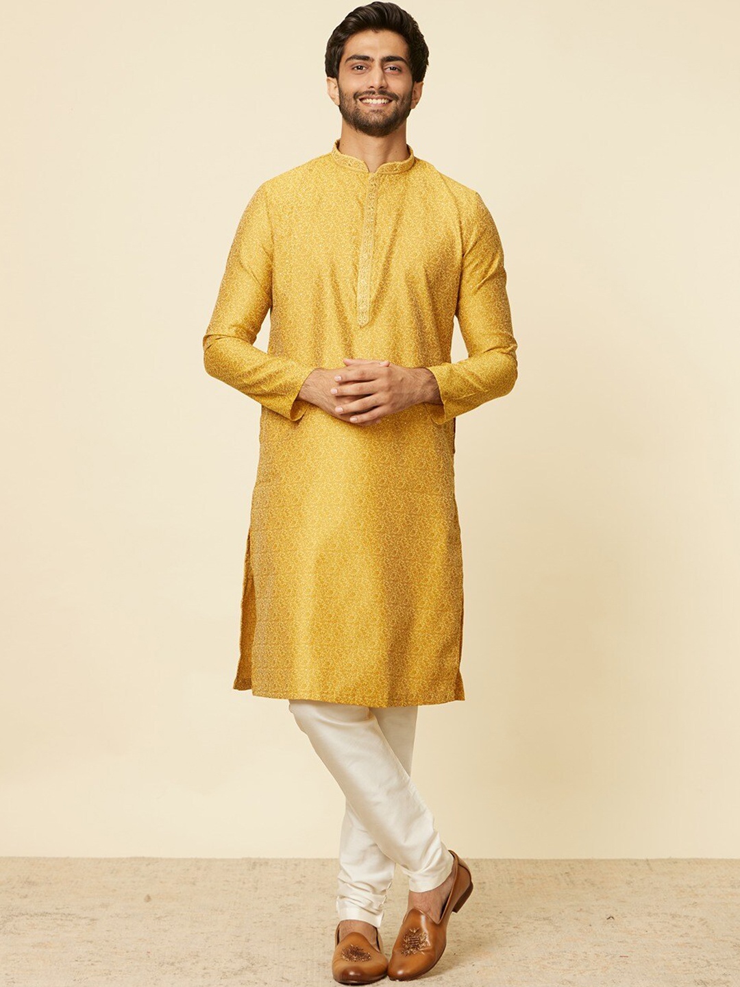 

Manyavar Floral Printed Regular Kurta with Pyjama, Mustard