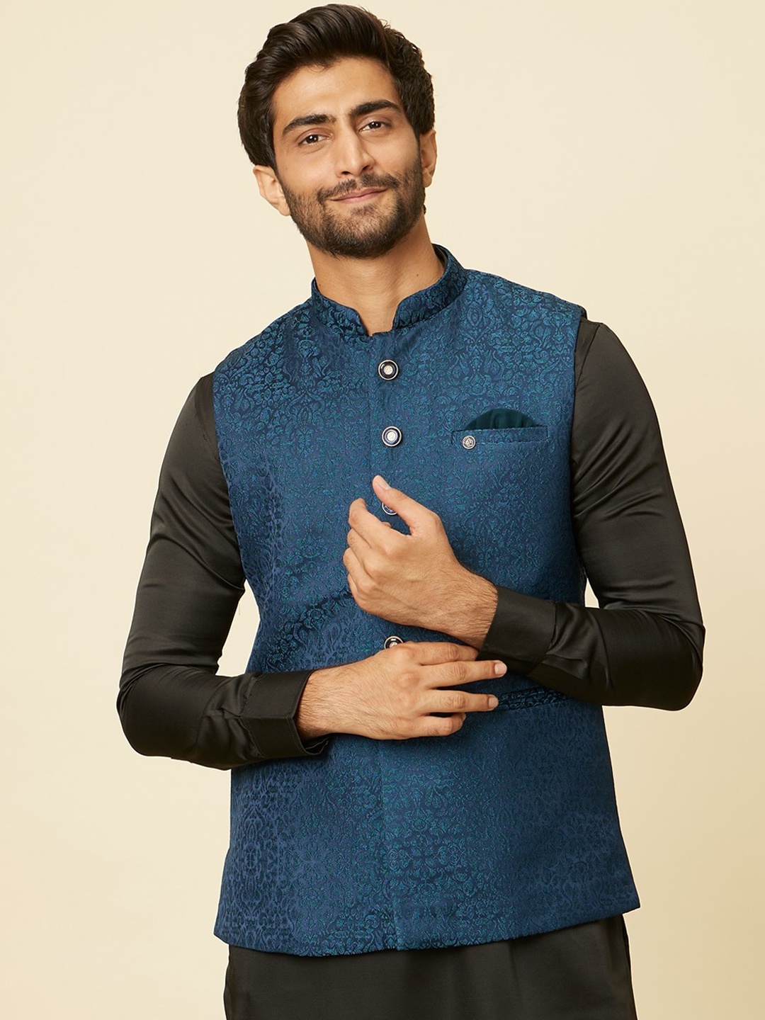 

Manyavar Woven Design Brocade Nehru Jacket, Blue