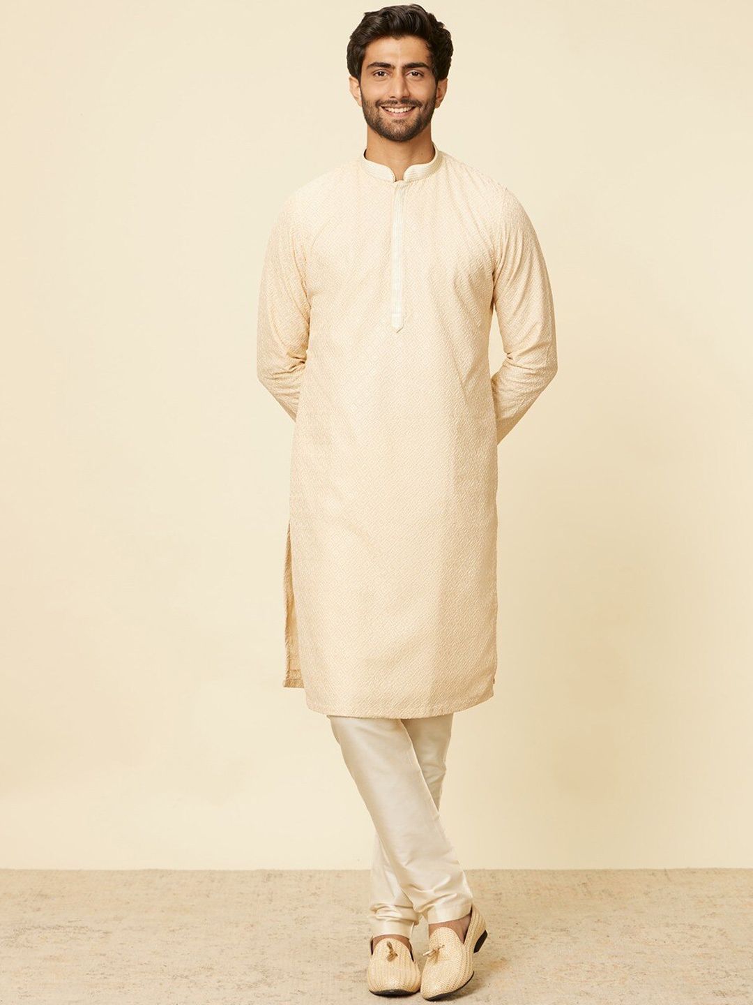 

Manyavar Ethnic Motifs Embroidered Mandarin Collar Straight Kurta with Pyjamas, Beige