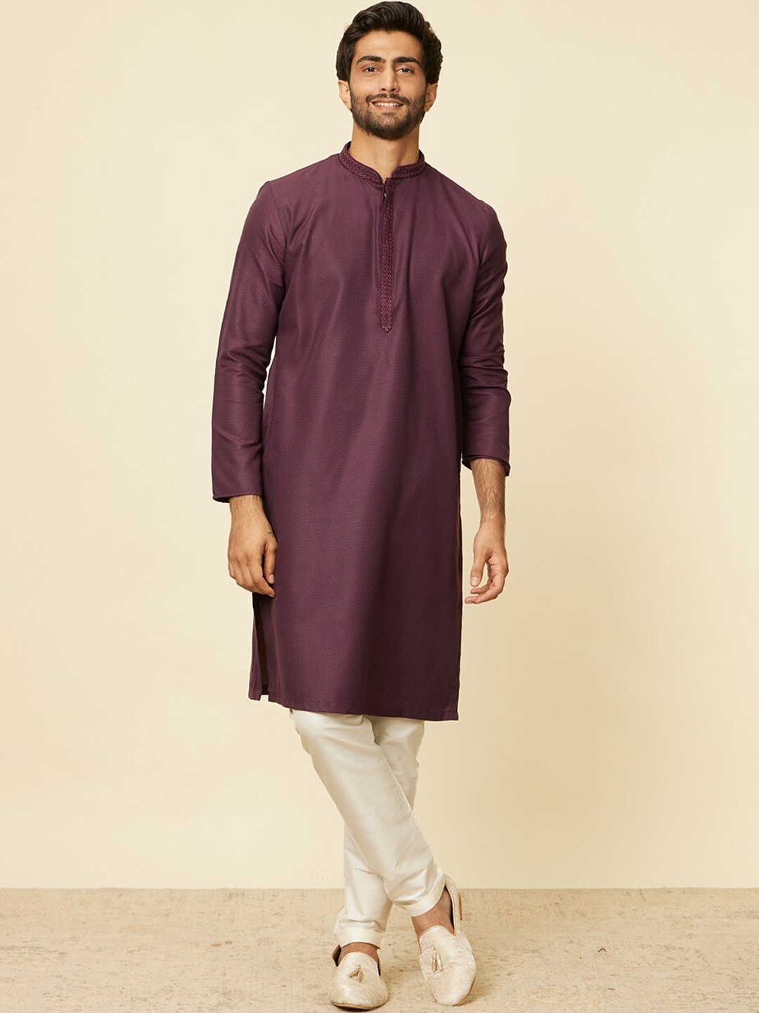 

Manyavar Woven Design Mandarin Collar Kurta with Pyjamas, Purple