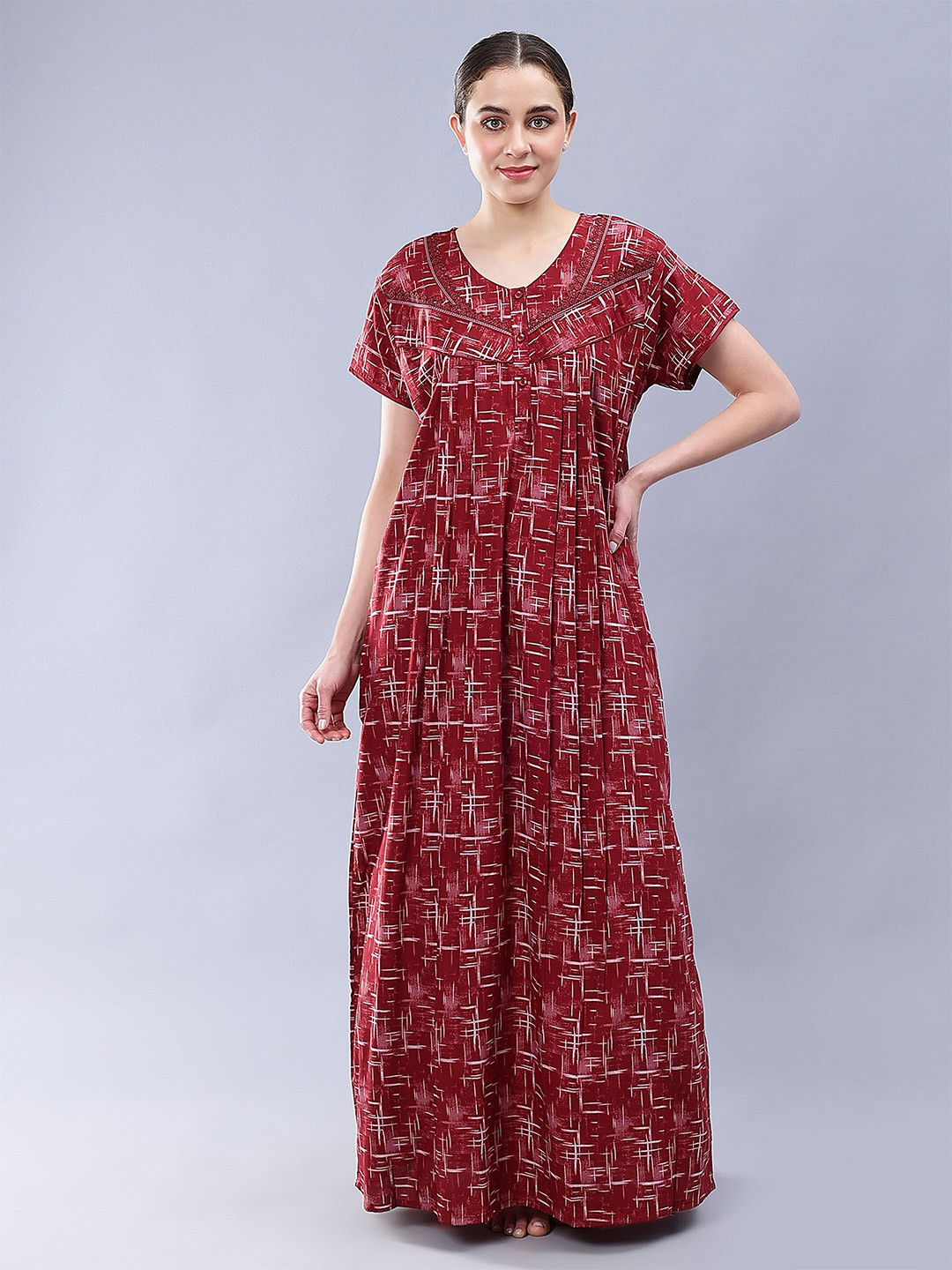 

NIGHTSPREE Geometric Printed Pure Cotton Maxi Nightdress, Red