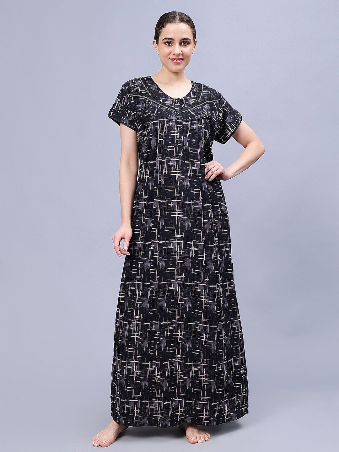

NIGHTSPREE Geometric Printed Pure Cotton Maxi Nightdress, Black