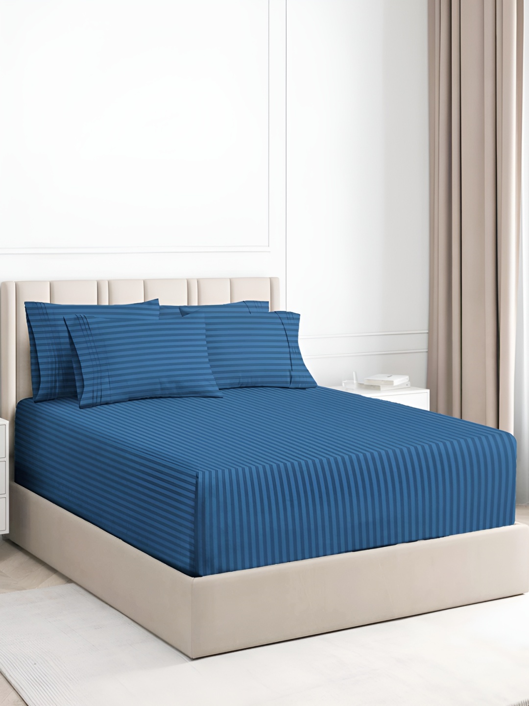 

bsb home Navy Blue Striped Microfiber 180 TC Fitted Queen Bedsheet with 2 Pillow Covers