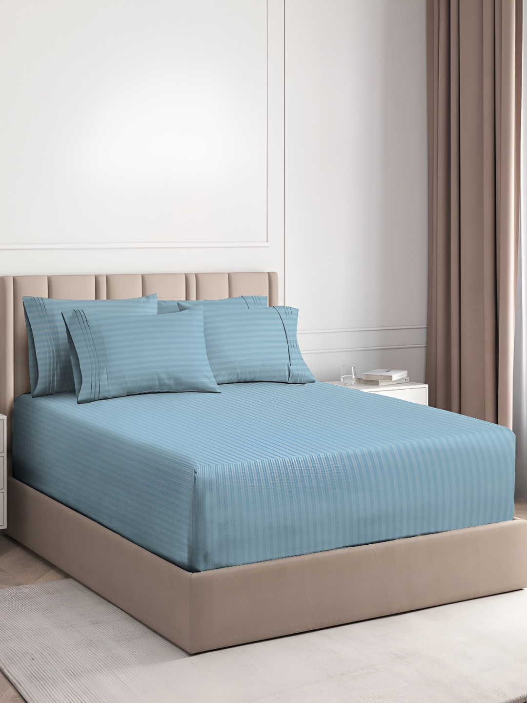 

bsb home Blue Striped Microfiber 180 TC Fitted Queen Bedsheet with 2 Pillow Covers