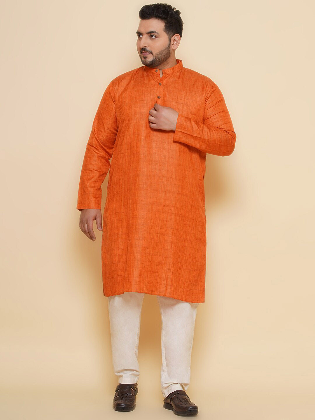 

John Pride Plus Size Band Collar Pure Linen Kurta With Trousers, Orange