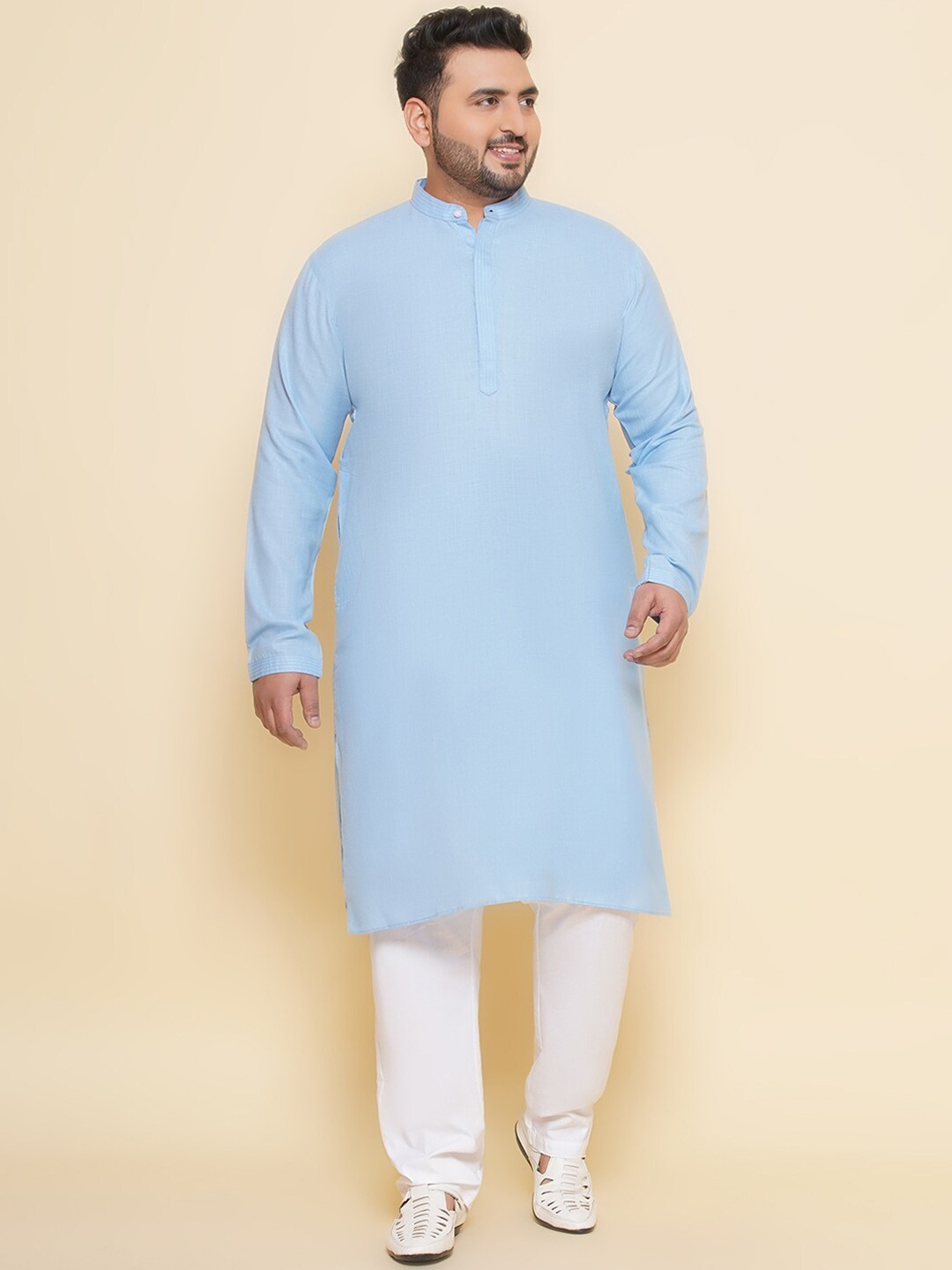 John Pride Plus Size Band Collar Straight Kurta with Pyjamas, Blue