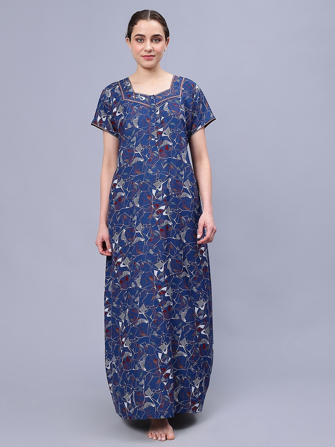 

NIGHTSPREE Abstract Printed Pure Cotton Maxi Nightdress, Blue
