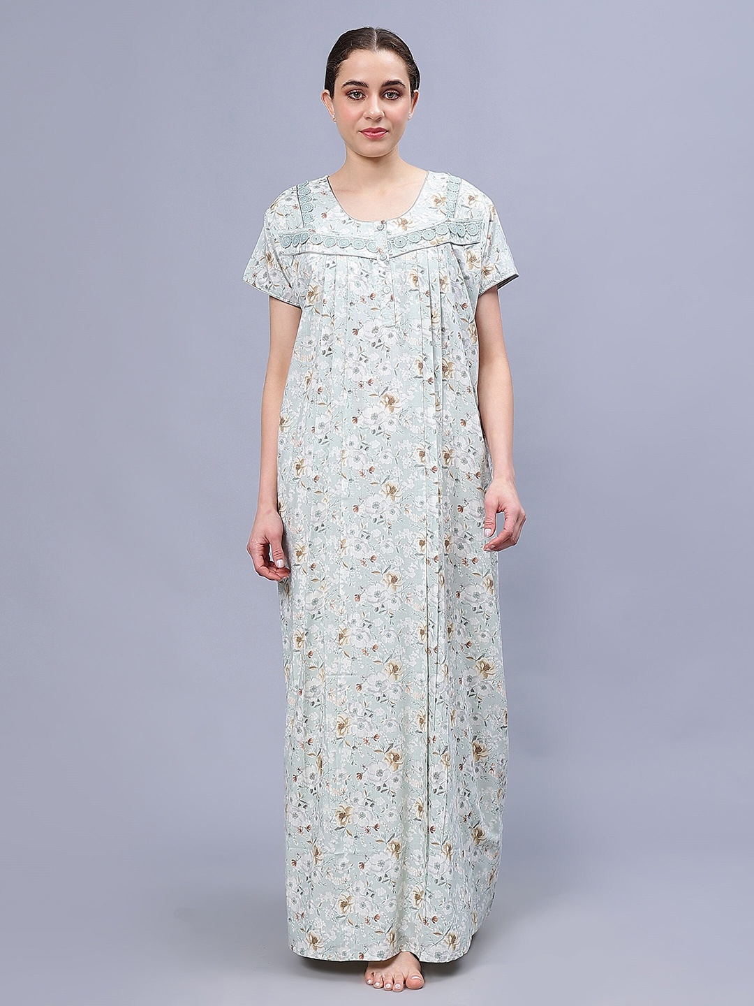 

NIGHTSPREE Floral Printed Pure Cotton Maxi Nightdress, Green