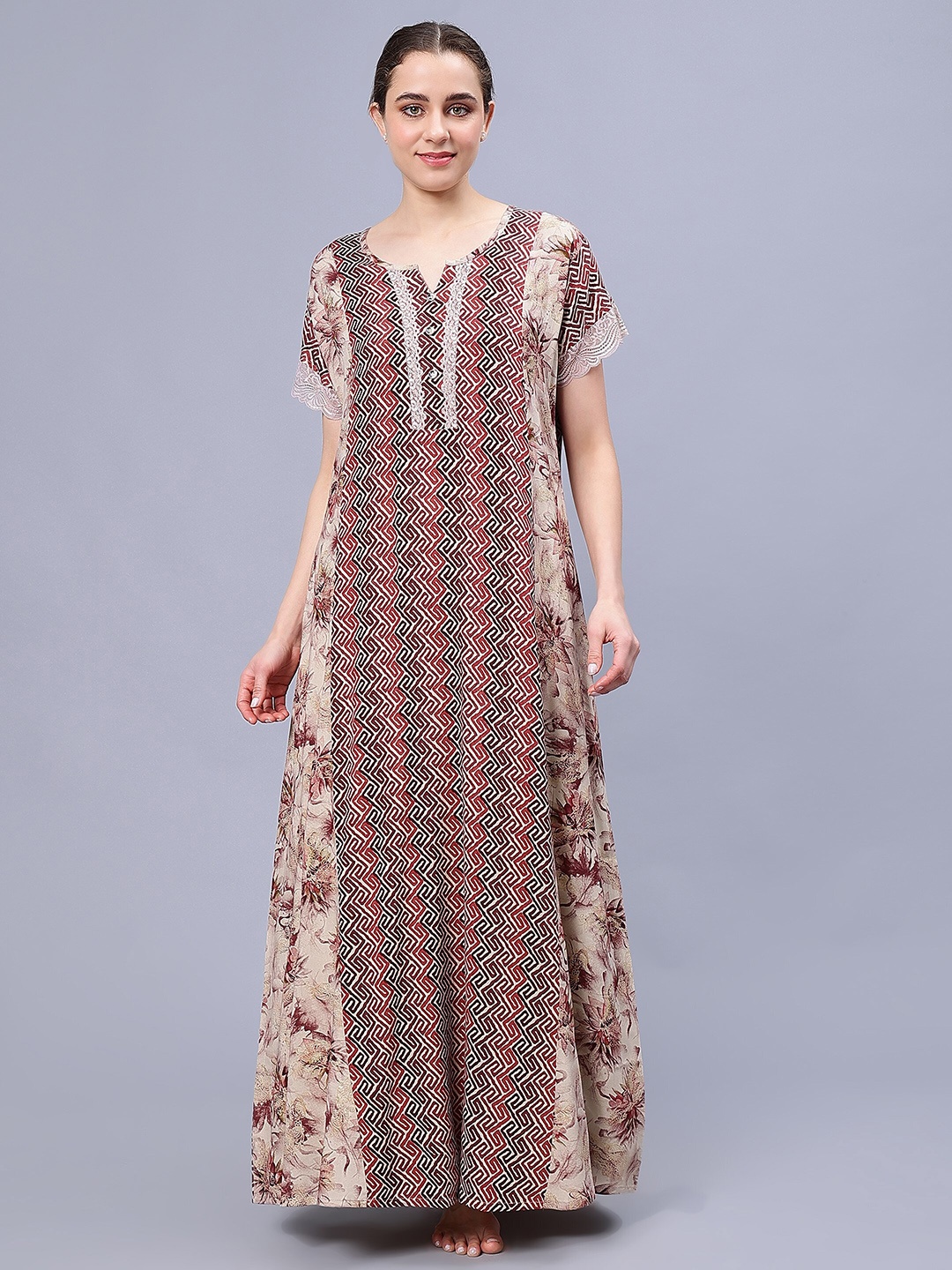 

NIGHTSPREE Floral Printed Maxi Nightdress, Maroon