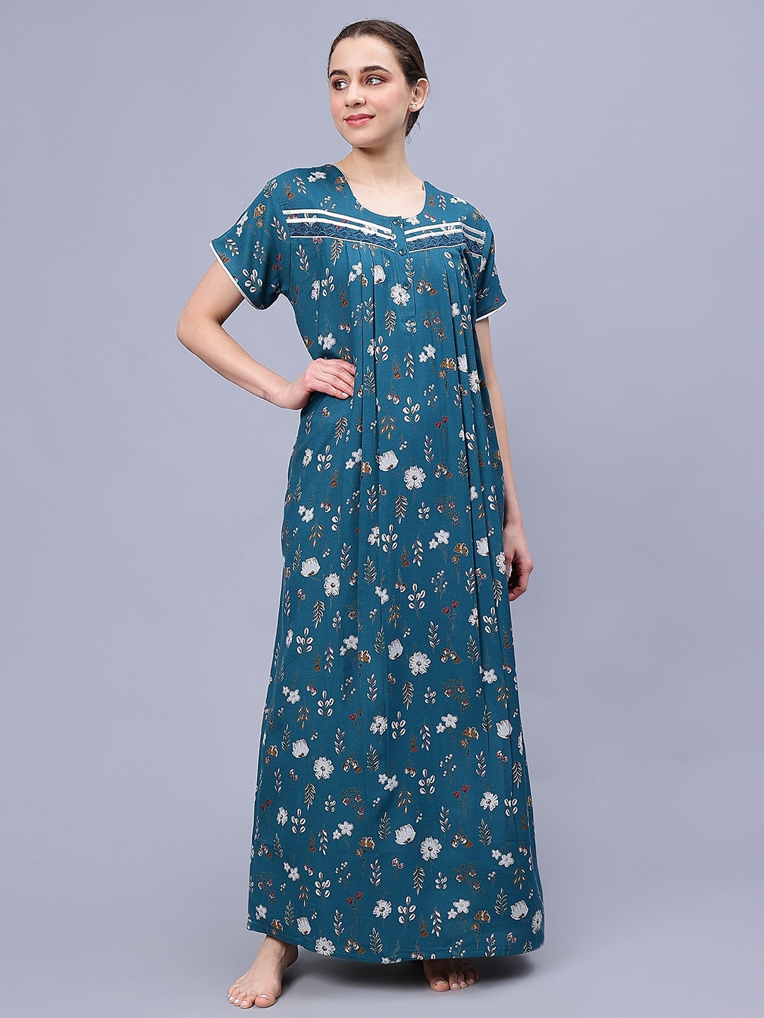 

NIGHTSPREE Floral Printed Pure Cotton Maxi Nightdress, Blue